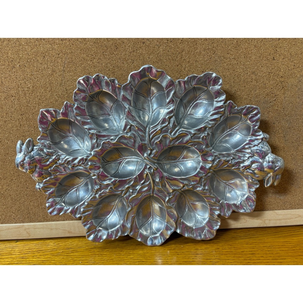 Arthur Court Aluminum Rabbit Cabbage Leaf Deviled Egg Tray Platter 13 Inch 2003